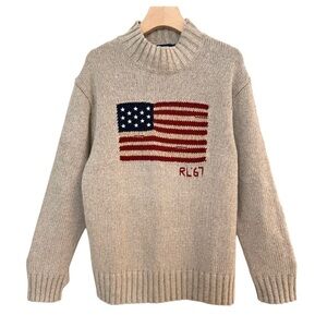 Polo Ralph Lauren Iconic American Flag Cotton High Neck Sweater Beige Medium